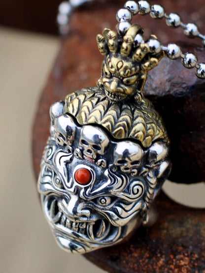S925 Mahakala Avalokiteshvara Pendant Buddhist Protector Deity Skull Amulet
