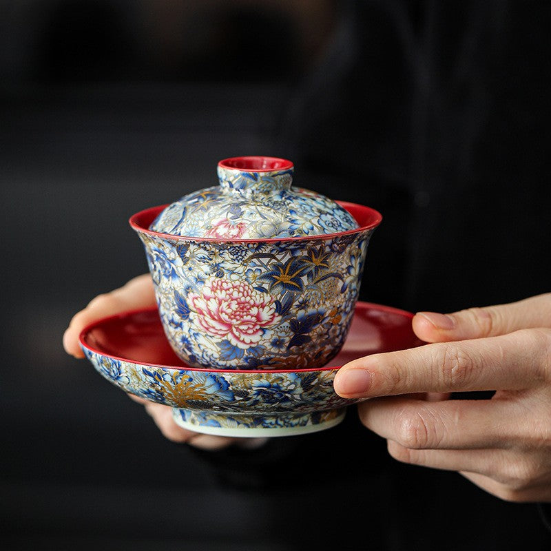 Chinese Gaiwan Color Enamel Craft Ceramic Tureen Covered Bowl Saucer Lid Tea Cup