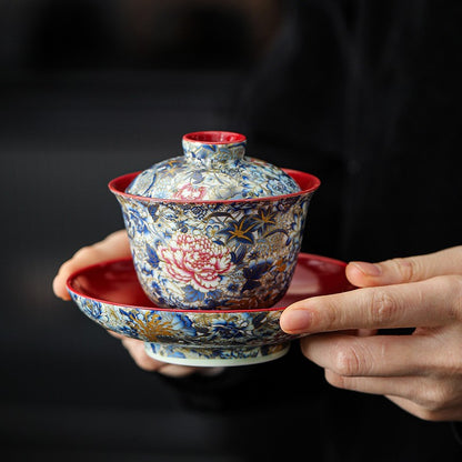 Chinese Gaiwan Color Enamel Craft Ceramic Tureen Covered Bowl Saucer Lid Tea Cup