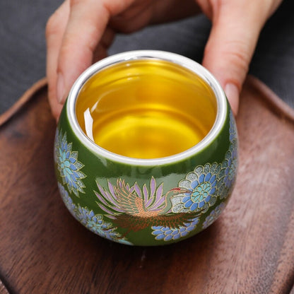 One Cup Ceramic Sterling Silver Tea Cup Antique Style Peony Flower Print Teacups