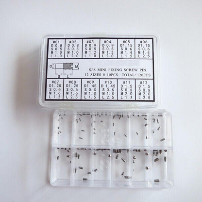 120Pcs 0.8mm-1.5mm Stainless Steel Mini Watch Fixing Screws Pins Repair Tool Box