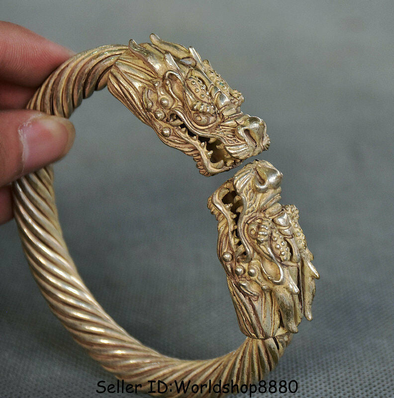 3.8" Collect Old Chinese Silver Dynasty Palace Double Dragon bracelet bangle
