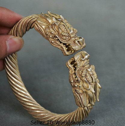3.8" Collect Old Chinese Silver Dynasty Palace Double Dragon bracelet bangle