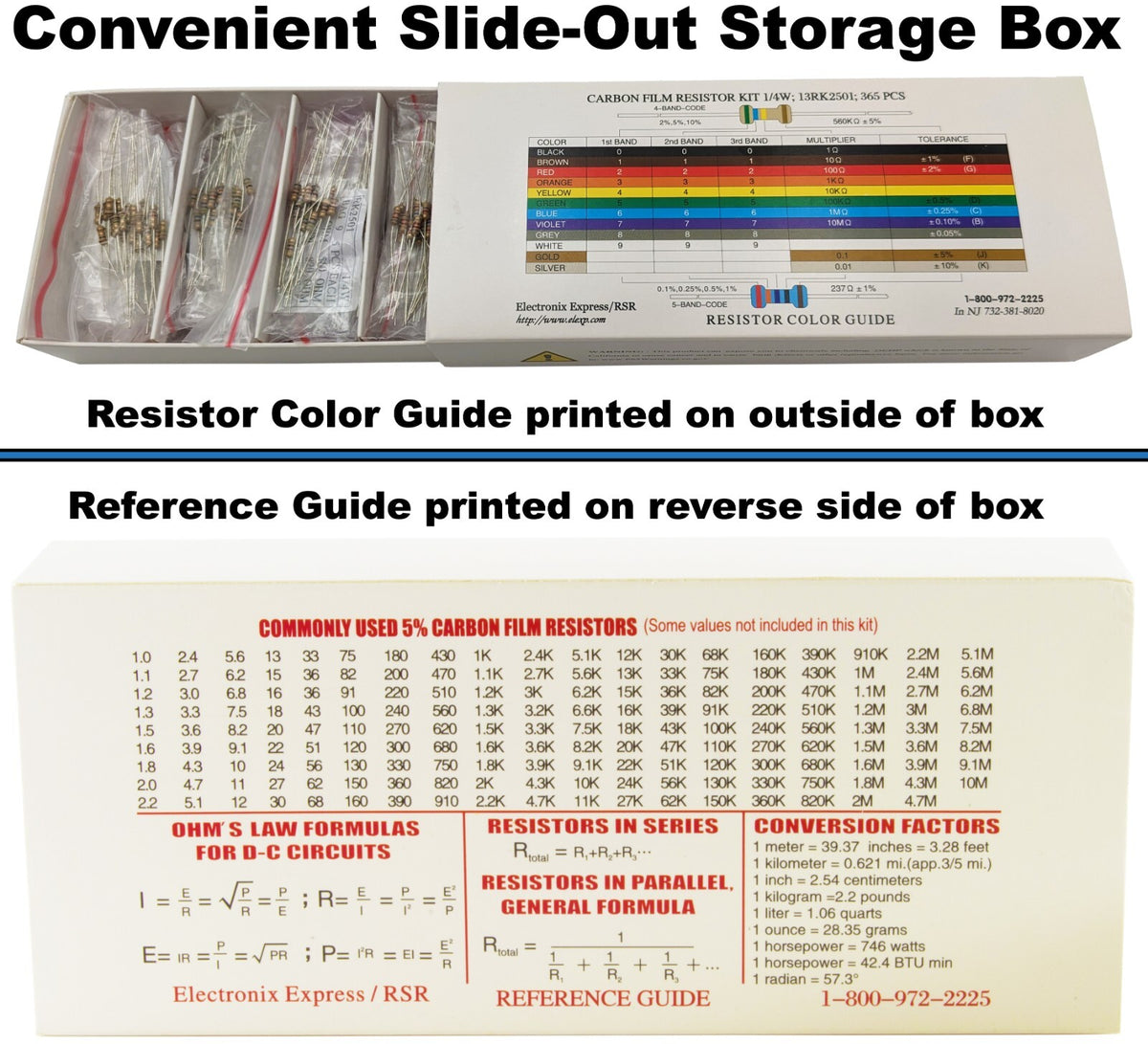 365 Piece Resistor Kit 1/4 Watt in Compartmentalized Cardboard Storage Box