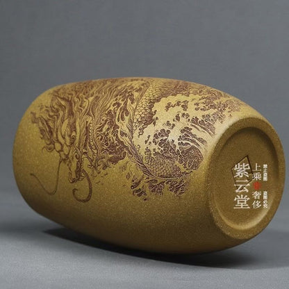 Yixing Purple Clay Dragon Cup Gold Section Clay Hand Carved Large Tea Cup