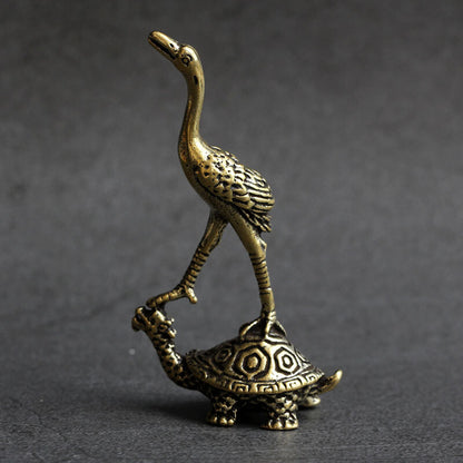 Solid Brass Turtle & Crane Figurine Miniature Vintage Turtle Tea Pet Ornament