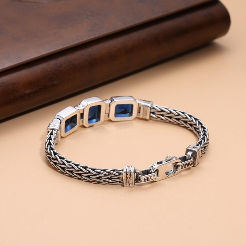 Vintage Braided Men's Bracelet 22cm Blue Gemstone Retro Cuff