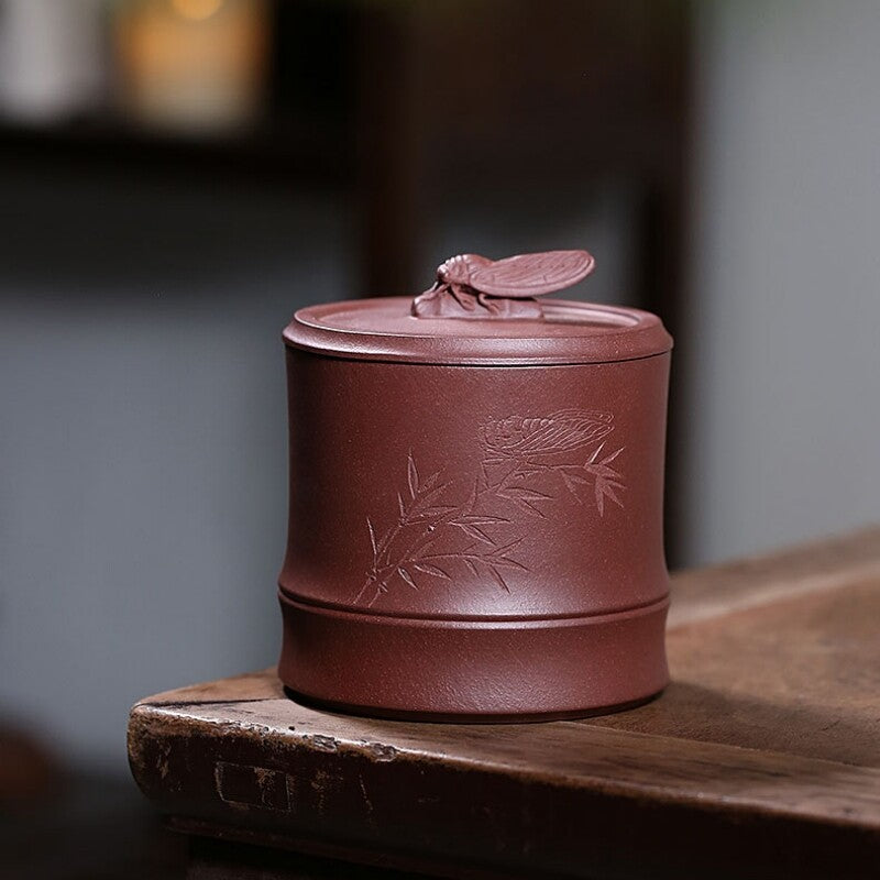 Full Handmade Tea Canister Carved Yixing Zisha Purple Clay Sealed Caddy For Tea