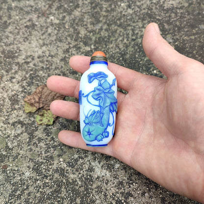 Peking Glass Snuff Bottle Chinese Autumn Eggplant Flower Statue Beautiful Carved