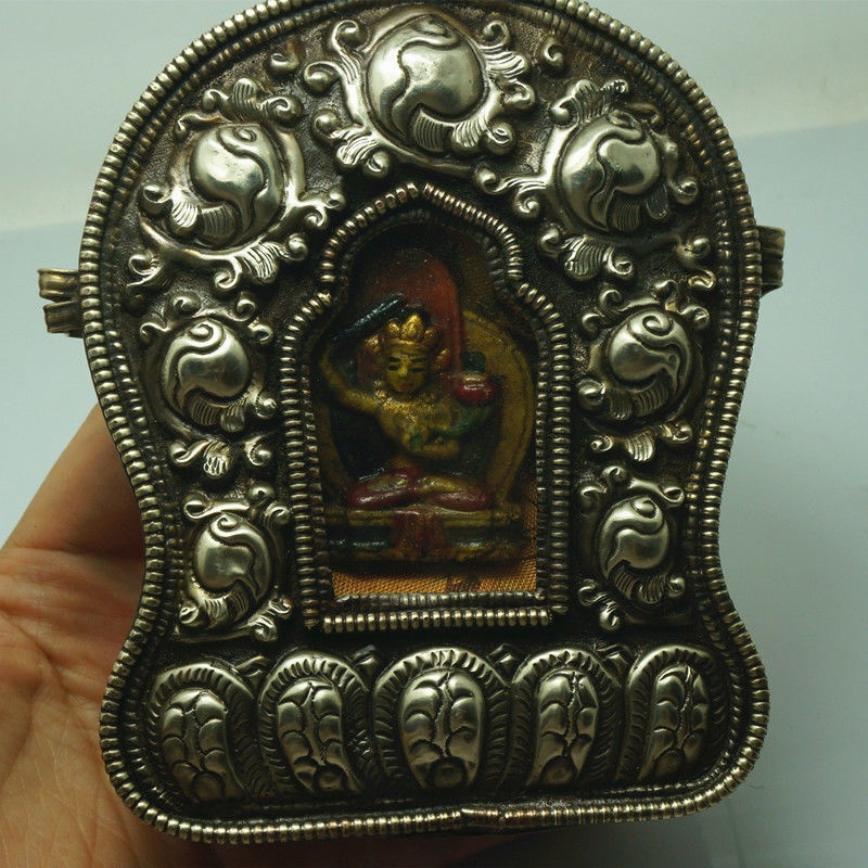 4.92" Old Collected Buddhist Nepalese Handmade Brass Box Stupa Rubbed Pendant