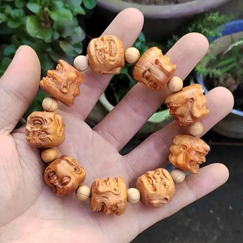 Cliff Cypress Wood Carving Bracelet Luck Eighteen Arhats HandString Jewelry