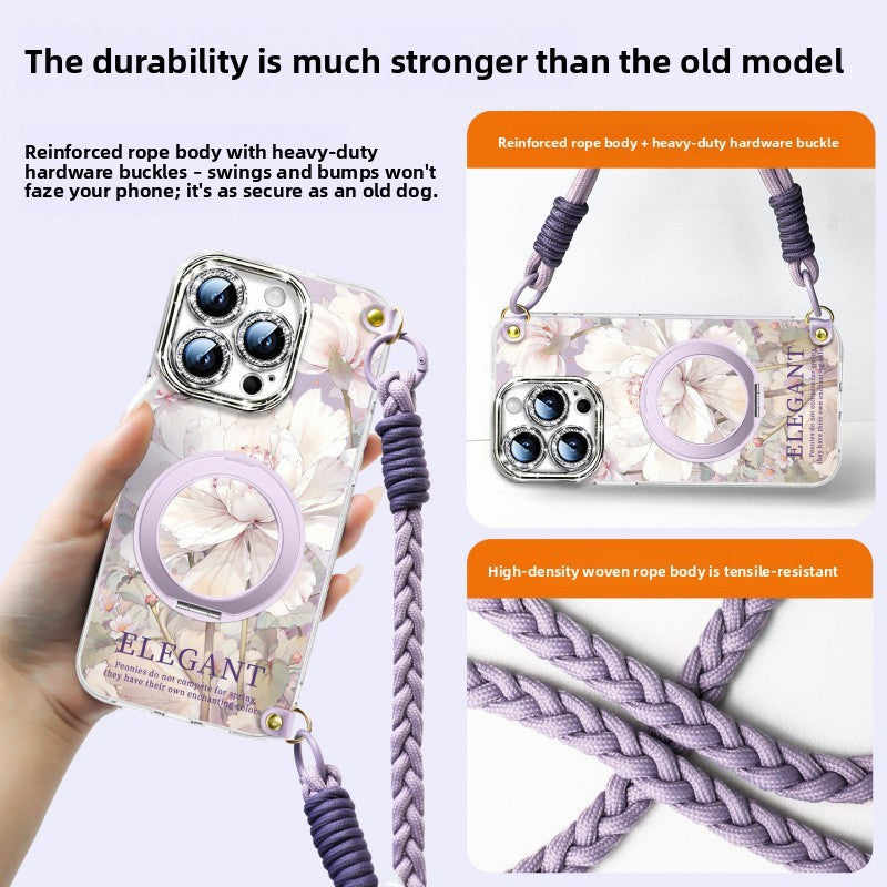For iPhone 16 Pro/15/14/13 Flower Phone Case with Lanyard/Stand/Crossbody Strap