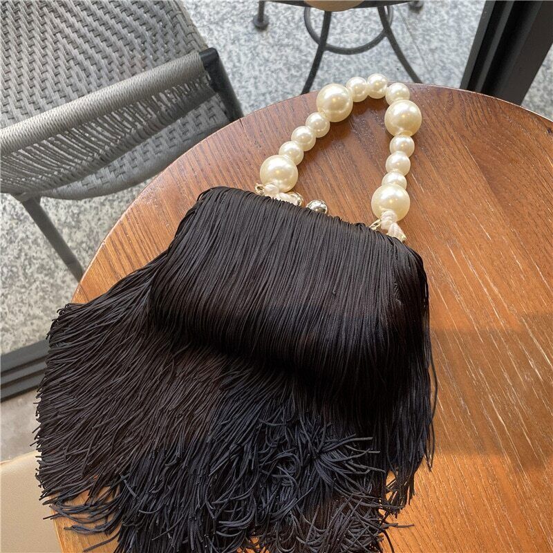 Tassel Square Bag Female Pearl Chain Handbag Long Tassel Bag Black Evening Bag