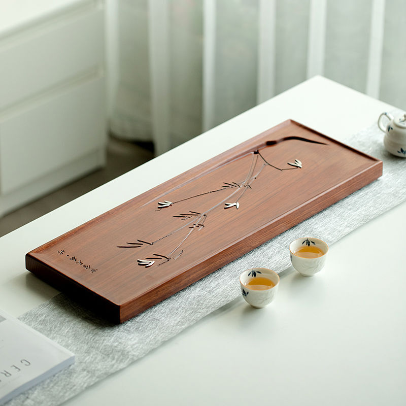 Ebony Wood Tea Tray Rectangle Water Reservoir Solid Wood Serving Tray Silver New