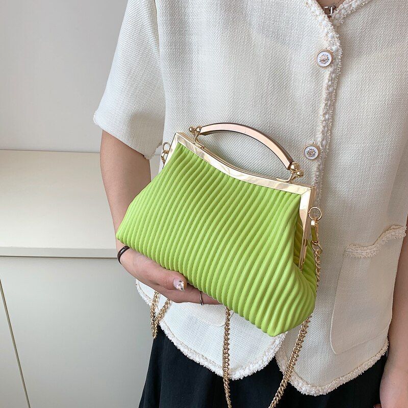 Handbag Mental Handle Pleated Shell Bag Clutch Purse Crossbody 14*23*9 CM Purse