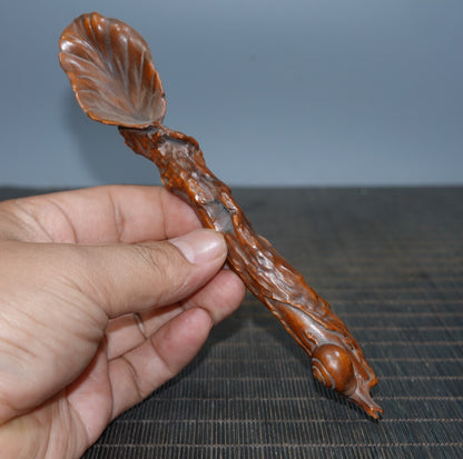 6.7" Collect China Box-wood Carving Animal Snail Tea Shovel Statue