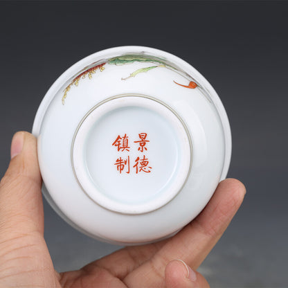 3.6" Collect Chinese Blue-and-white Porcelain Peanut Cabbage Insect Cup '生财有道'