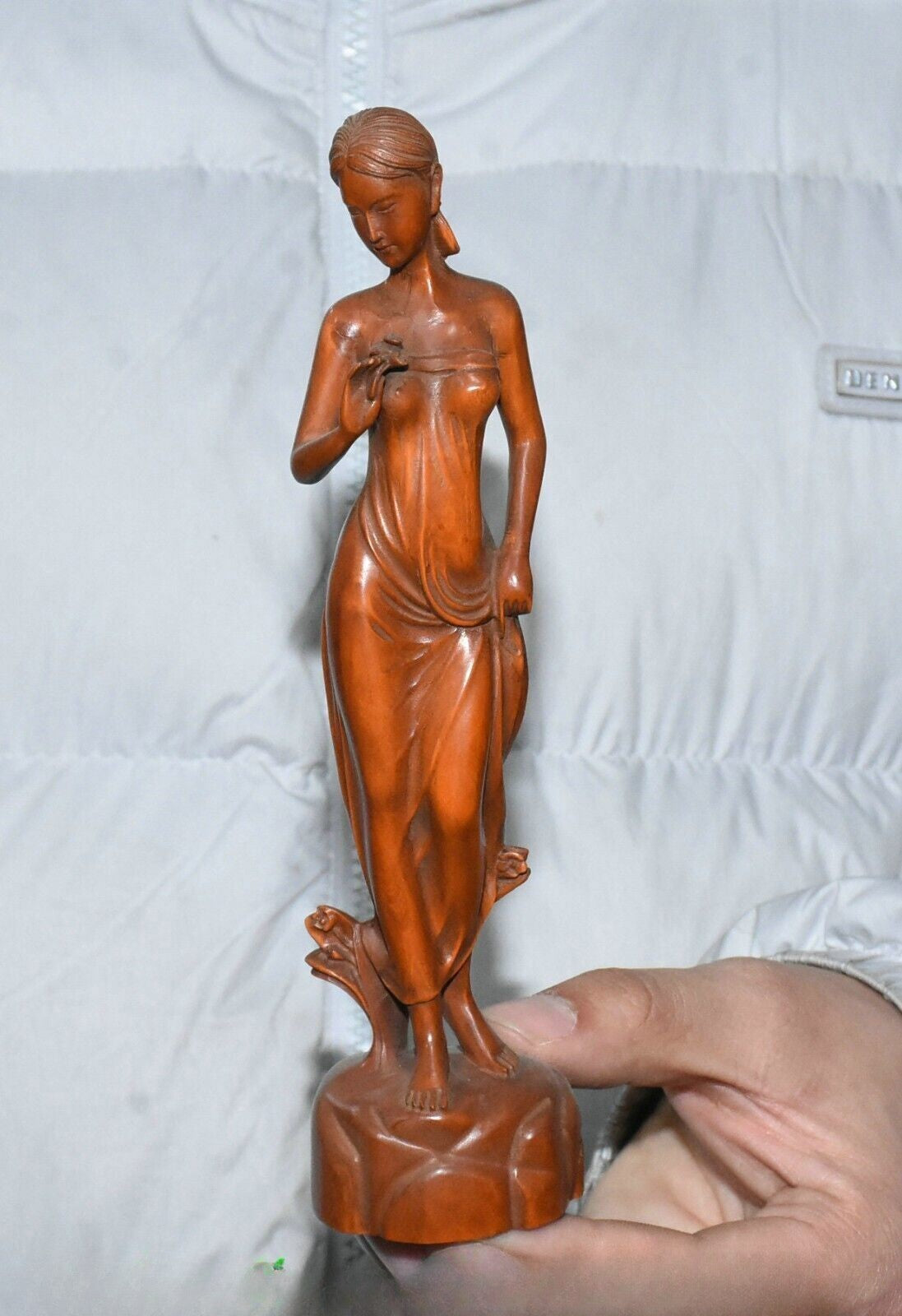 7.8''Old Chinese Boxwood Carving Beauty Beautiful Belle Statue Sculpture
