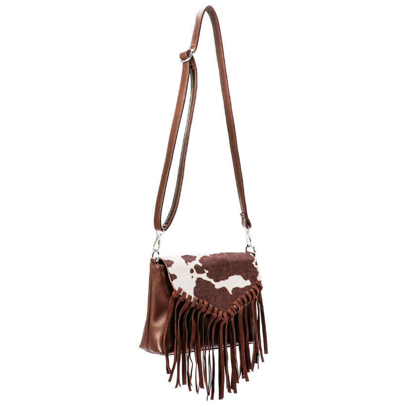Celela Fashion Women Hair-on Cow Pattern Fringe Crossbody Bag Handbag Purse