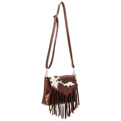 Celela Fashion Women Hair-on Cow Pattern Fringe Crossbody Bag Handbag Purse