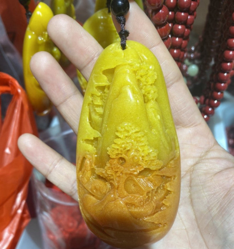 New Chinese Antique Natural Huanglong Jade Carved Landscape Necklace Pendant