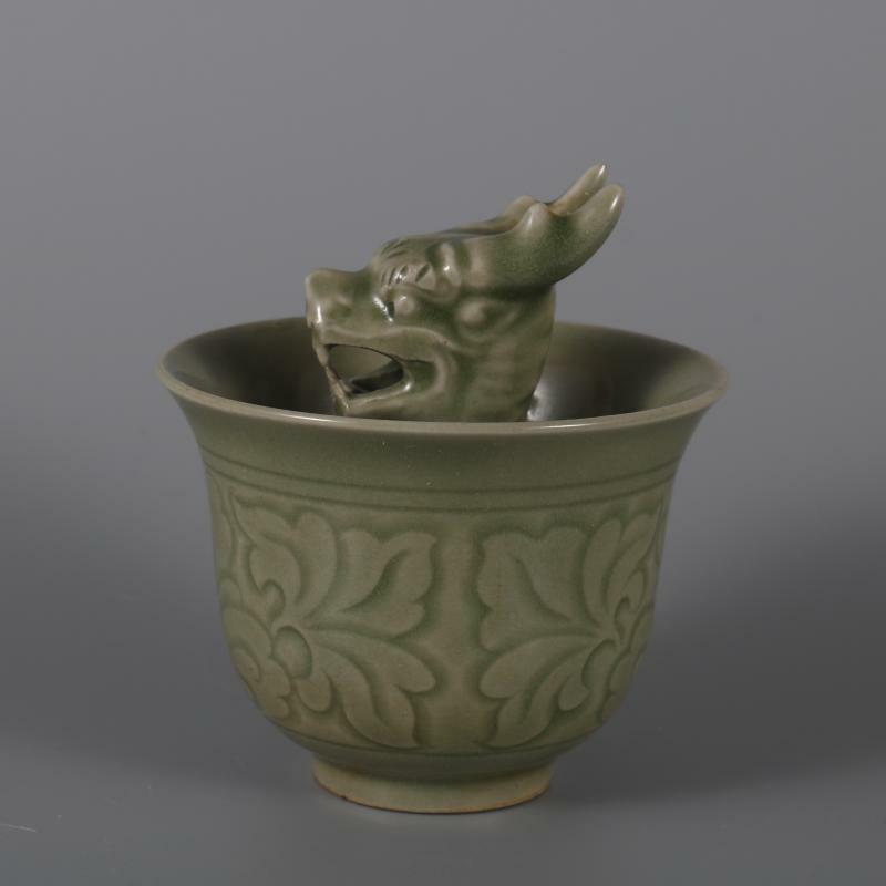 3.26 inch Chinese Song Celadon Porcelain Carved Flowers Dragon Shape Teacup Cup