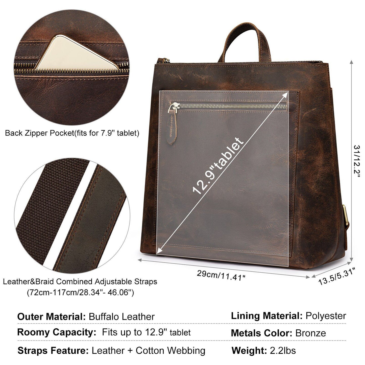 Women Genuine Leather Backpack Purse Vintage Schoolbag Luggage Sleeve Traveling