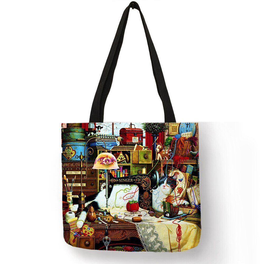 Cat Print Tote Bag Linen Reusable Shopping Bag Oil Painting Shoulder Shopper Bag