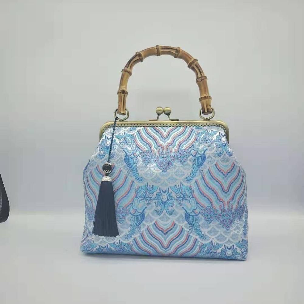 Lock Shell Bags Wood Vintage Flowers Chain Shoulder Crossbody Bag Tote Handbag