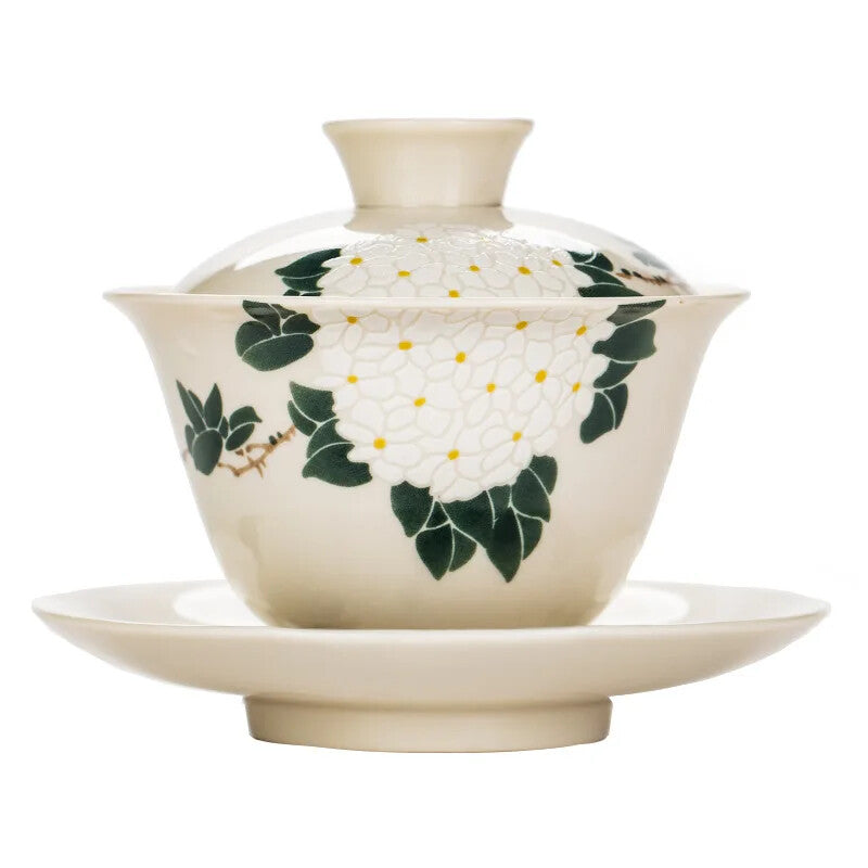 Ceramic Handmade Tureen Kung Fu Tea Set Bowl Cup Chrysanthemum Pattern Gaiwan