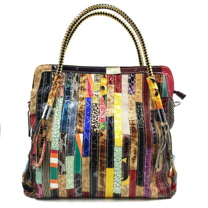 Multicolor Patch Real Leather Shoulder Bag Tote Handbag Purse Crossbody 2 Handle