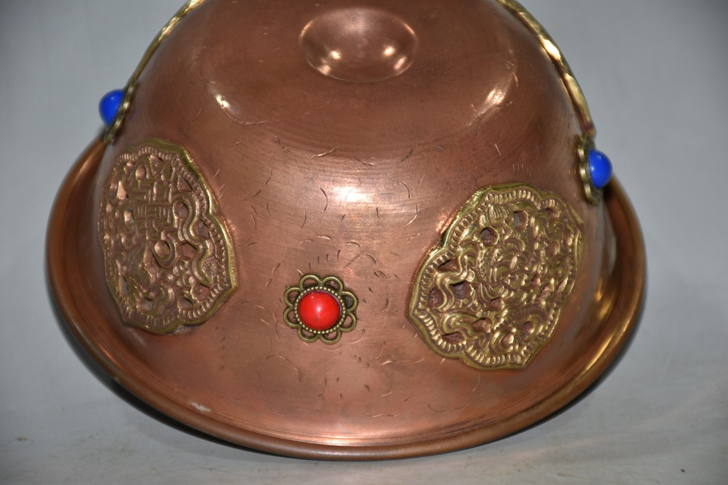 Vintage Nepalese Red Copper Bowl 4.92×2.17in Inlaid Gem 162g Butter Tea Cup