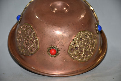 Vintage Nepalese Red Copper Bowl 4.92×2.17in Inlaid Gem 162g Butter Tea Cup