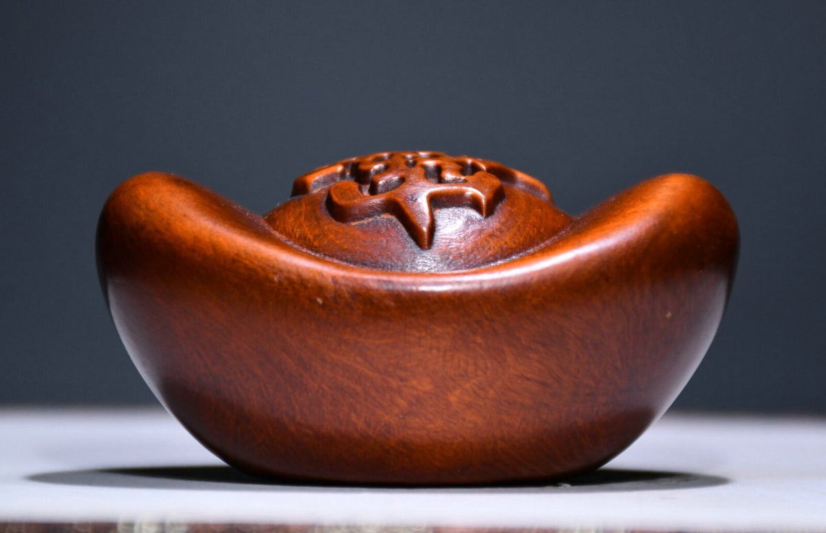Chinese Wood Boxwood Carved Feng Shui Yuanbao Money Wealth Fortune Sculpture