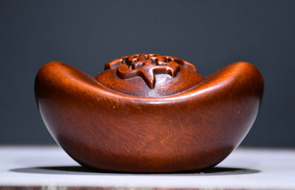 Chinese Wood Boxwood Carved Feng Shui Yuanbao Money Wealth Fortune Sculpture