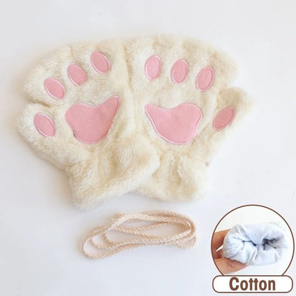 Women Fingerless Gloves Plush Fluffy Cat Paw Claw Panda Mittens Warm Winter Wear
