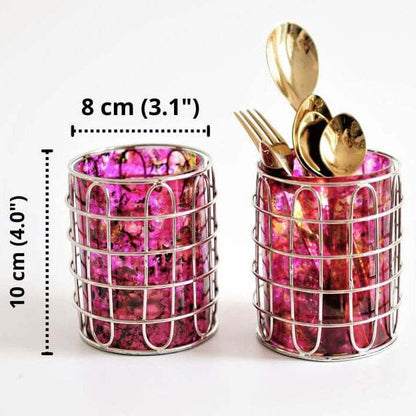 Set of 2 Stainless Steel (Silver Color) and Pink Glass Silverware Holders