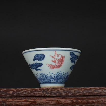 3.1" Chinese Qing Blue White Porcelain Folk Kiln Red Glaze Fish Douli Cup Decor