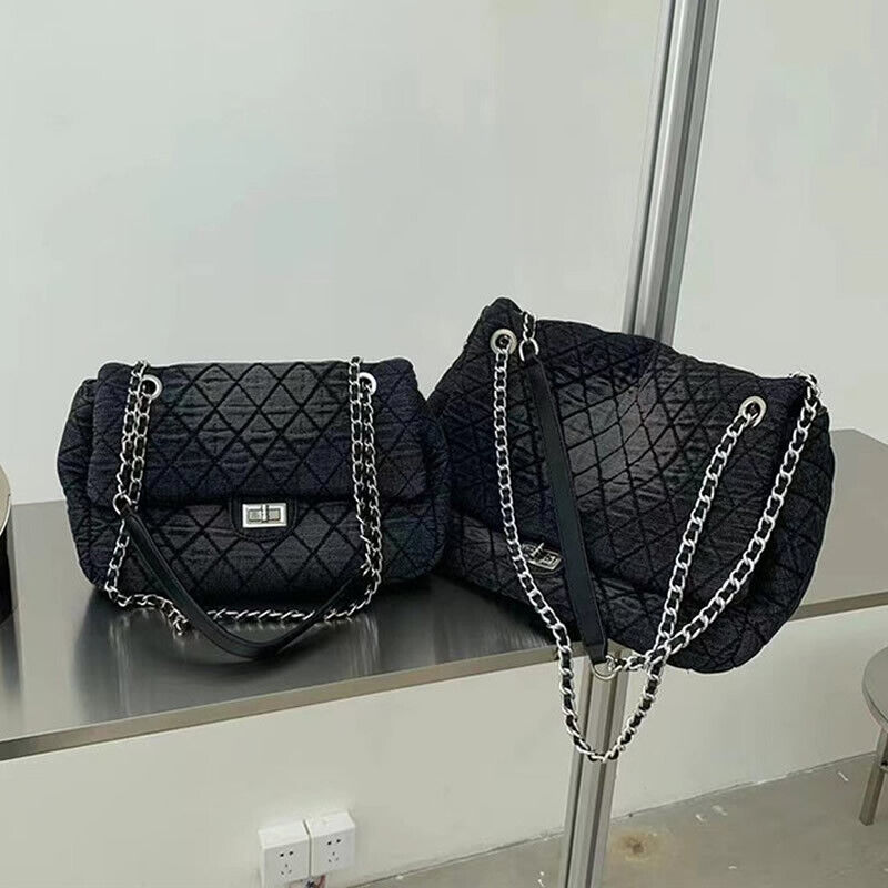 Medium/ Large Quilted Denim Shoulder Bag Flap Purse Handbag w/ Chains Tote Hobo