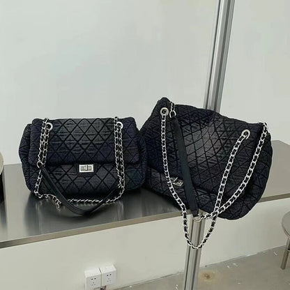 Medium/ Large Quilted Denim Shoulder Bag Flap Purse Handbag w/ Chains Tote Hobo