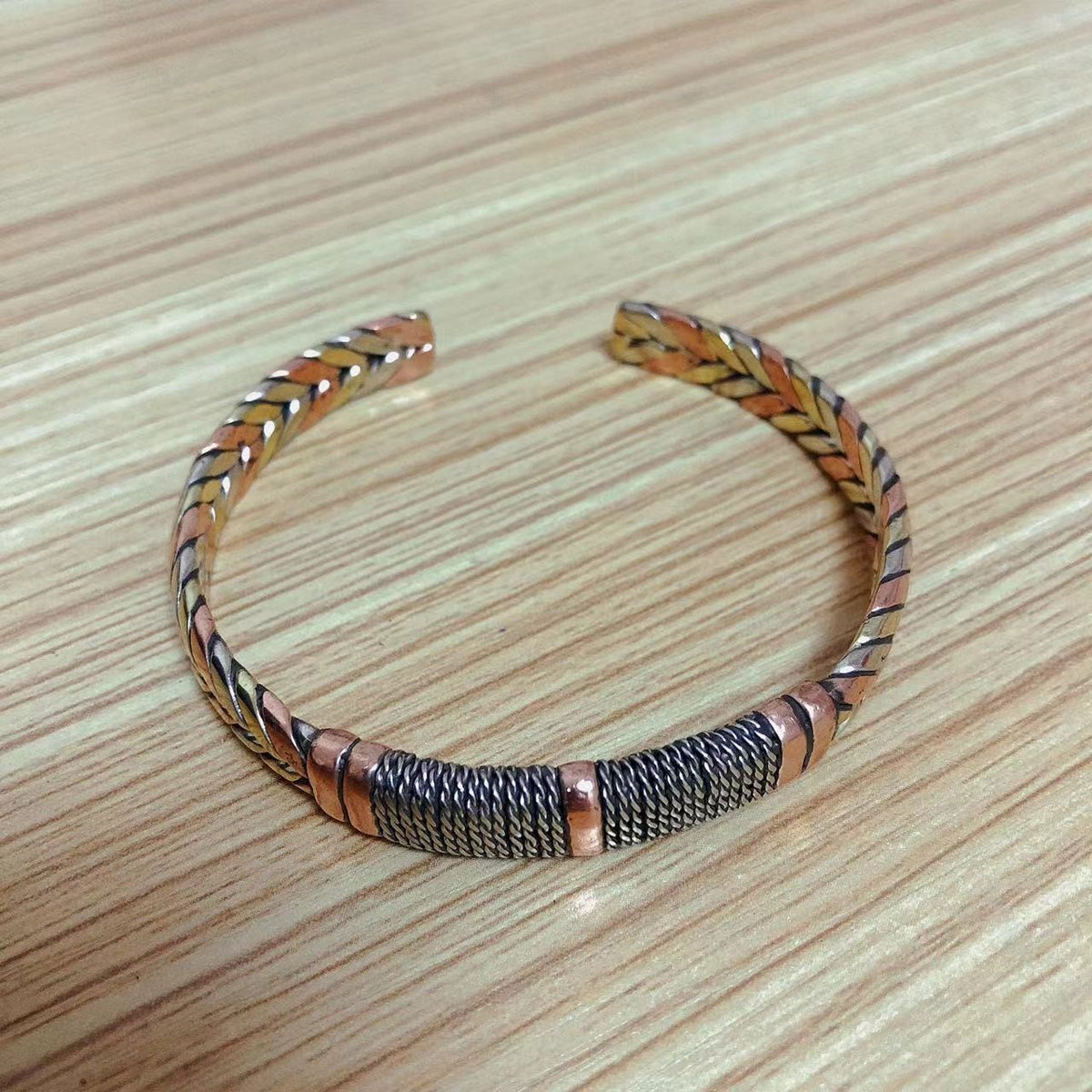 Tibetan Handmade Tri-Color Copper Bracelet 0.8cm Wide Adjustable Cuff
