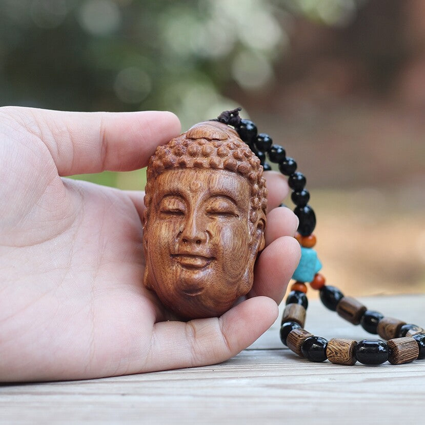 Chinese Hua Li Wood Carved Good and Evil Pendant Buddha Head Statue Decor
