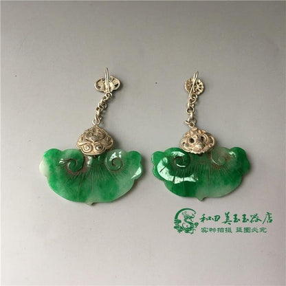 Pair of Old Emerald Tibetan Silver Fan Earrings - Ancient Jade Antique Jewelry