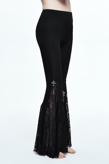 Women Gothic Sexy Lace Stretch Leggings Steampunk High Waist Black Flare Pants