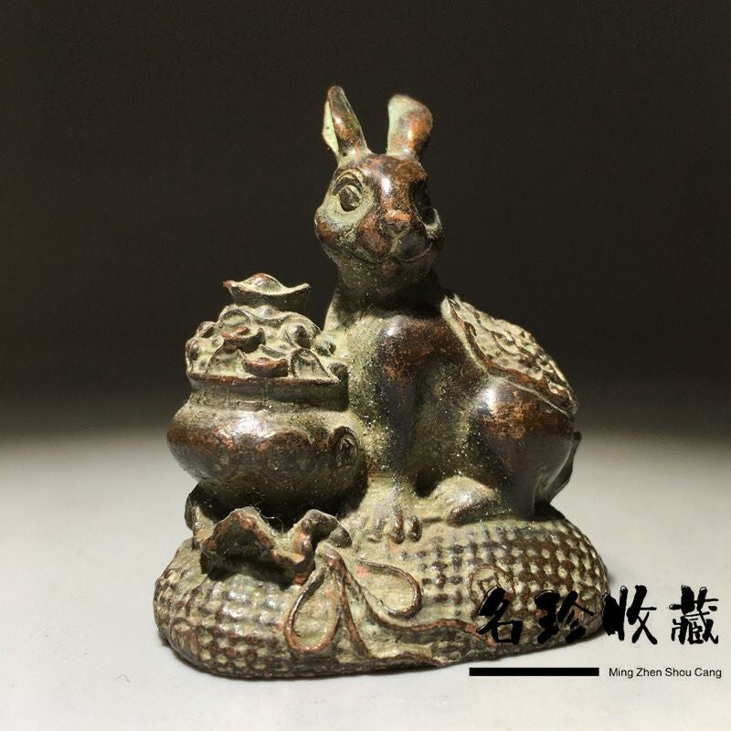 Art collect bronze lovely wealth rabbit Figure statue netsuke tea pet decor