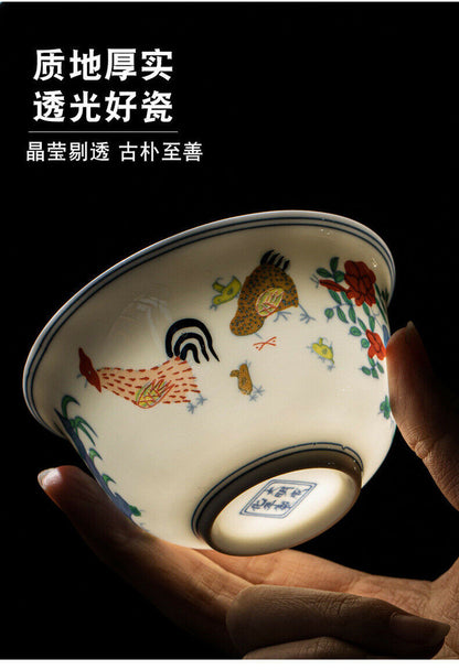 Chinese Doucai Porcelain Ming Chenghua Chicken Design Covered Cup Teacup