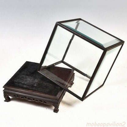 Ebony Wood Trim Display Base Glass Cover Jewellery Doll Box Home Antique Decor