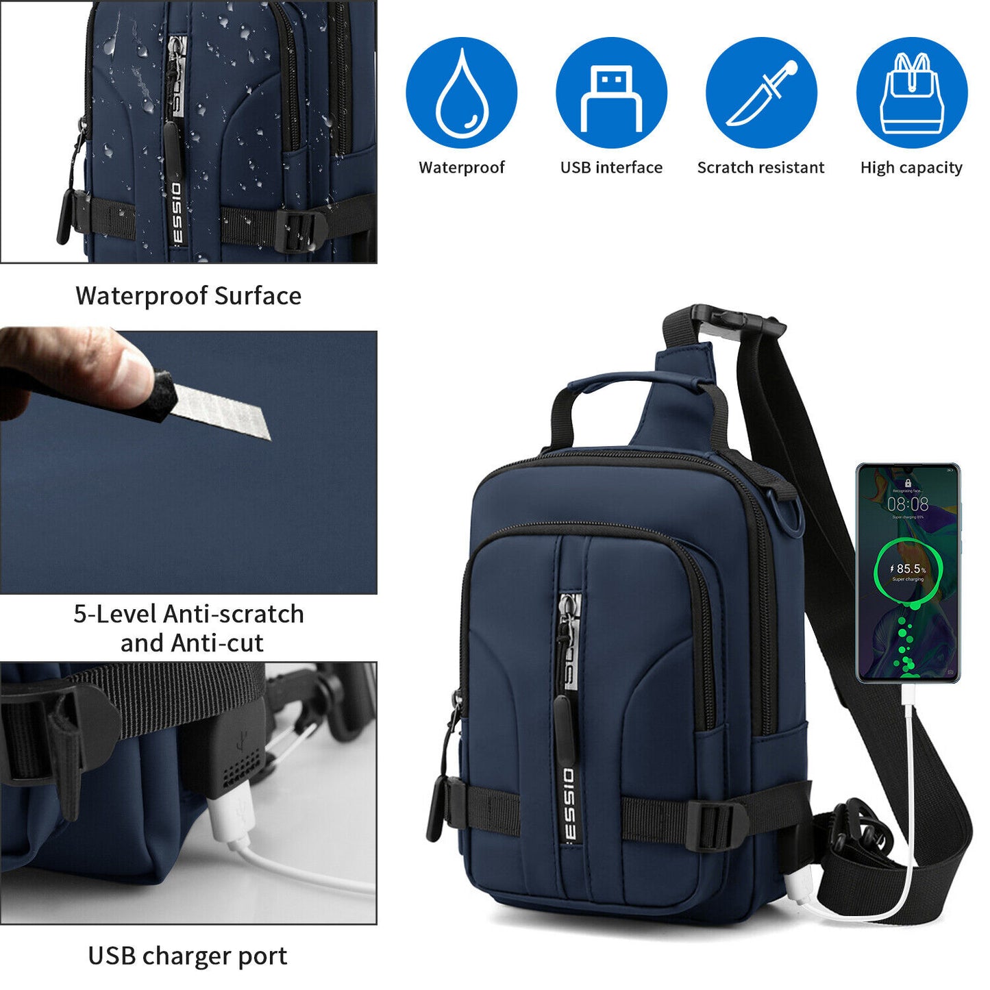 Men's Sling Crossbody Bag Anti-theft Chest Shoulder Messenger Backpack USB Port