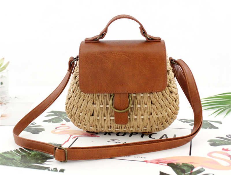 Vintage Straw Bag Crossbody Beach Purse Casual Weaving Rattan Handbag Polyester