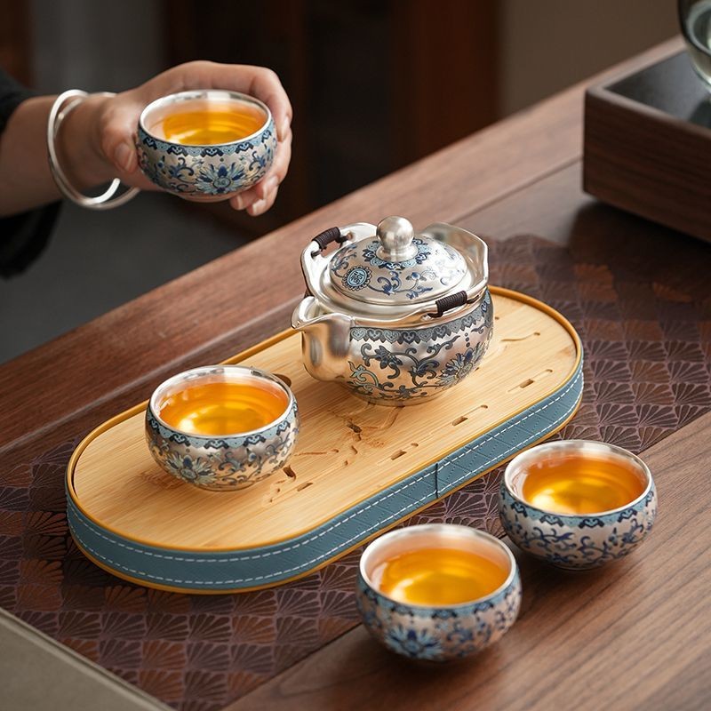 Chinese Silver Plated Travel Tea Set 1 Teapot 2 Cups Gift Box Gongfu